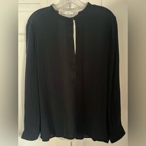 100% Silk Vince Black Silk Long-Sleeve Keyhole Blouse